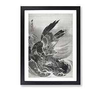 Eagle Attacking Fish By Kawanabe Kyosai Asian Japanese Framed Wall Art Print, Ready to Hang Picture for Living Room Bedroom Home Office Décor, Black A3 (34 x 46 cm)