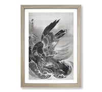 Eagle Attacking Fish by Kawanabe Kyosai Framed Print | A2 Oak Framed Wall Art | Ready to Hang | Modern Animal Picture | Living Room Bedroom Lounge Office