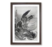 Eagle Attacking Fish by Kawanabe Kyosai Framed Print | A2 Walnut Framed Wall Art | Ready to Hang | Modern Animal Picture | Living Room Bedroom Lounge Office