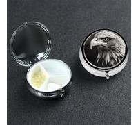 Eagle Black and White Pill Box 3 Compartment Pill Case for Purse or Pocket Small Medicine Organizer with Mirror Travel Pillbox Decorative Metal Vitamin Container Unique Gift