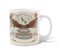 Eagle Ceramic Coffee Mug, Celebration Festive Cake Stars Celebration Red Novelty Office Drinking Cup with Handle Ideal for Friends Family Lovers Eldership Senior Co-Worker 11 Oz