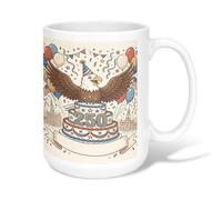 Eagle Ceramic Coffee Mug, Celebration Festive Cake Stars Celebration Red Novelty Tea Cup with Handle Ideal for Friends Family Lovers Eldership Senior Co-Worker 15 Oz