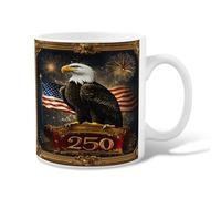Eagle Ceramic Coffee Mug, Patriotic Celebratory America Flag Fireworks Independence Day Gold Novelty Office Drinking Cup with Handle Ideal for Friendship Family Colleague Sweetheart Staff 11 Oz
