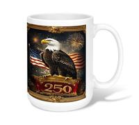 Eagle Ceramic Coffee Mug, Patriotic Celebratory America Flag Fireworks Independence Day Gold Novelty Tea Mug with Handle Ideal for Friends Family Coworkers Teachers Couples Employees 15 Oz