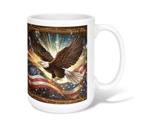 Eagle Ceramic Coffee Mug, Patriotic Realistic America Flag Stars Independence Day Red Novelty Office Drinking Cup with Handle Ideal for Friends Family Co-Worker Lovers Eldership Senior 15 Oz