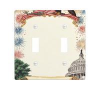 Eagle Double Light Switch Cover Plate, Patriotic Traditional Fireworks Flag Independence Day Red Plastic Standard Size Decorative Wall Plates for Living Room Bedroom Home Office Decor