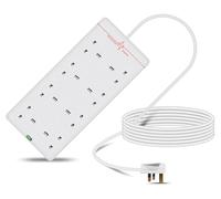 Eagle Eight Gang Mains Power 13A Extension Socket with Surge Protection and Neon to 13A UK Plug Lead Cable, British Standards BS1363 5m