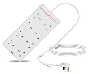 Eagle Eight Gang Mains Power 13A Extension Socket with Surge Protection and Neon to 13A UK Plug Lead Cable, British Standards BS1363 2m