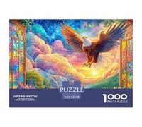 Eagle Flies through Stained-glass Window to Landscape 1000-Piece Jigsaw Puzzle Eagle Family Game Night Essential, Adults & Kids 52x38cm/1000pcs