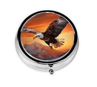 Eagle Flying in The Sunset Print Pill Box 3 Compartments Round Pill Organizer Metal Waterproof Portable Pill Case for Pocket or Purse Vitamin/Fish Oil/Pills/Supplements