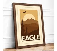 Eagle Over Mountains Vintage Framed Wall Art Print A1 Walnut
