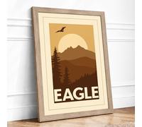 Eagle Over Mountains Vintage Framed Wall Art Print A4 Oak