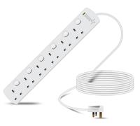 Eagle Six Gang Mains Power 13A Extension Socket with Individual Switches, Surge Protection, Neon to 13A UK Plug Lead Cable, British Standards BS1363 5m