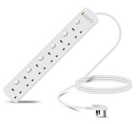 Eagle Six Gang Mains Power 13A Extension Socket with Individual Switches, Surge Protection, Neon to 13A UK Plug Lead Cable, British Standards BS1363 2m