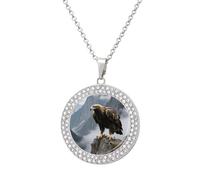 Eagle Standing on A Rock Diamond Necklace for Women Girlfriend 20" Chain Hypoallergenic Jewelry Memorial Couple Necklace Custom Photo Pendant Necklaces Birthday Anniversary Romantic Gift for Her, One
