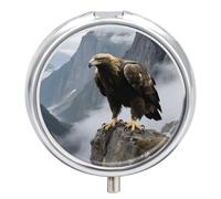 Eagle Standing on A Rock Pill Box 3-Compartment Travel Pill Organizer Portable Round Medicine Case with Mirror Design for Vitamins, Jewelry & Essentials Durable Pocket Pillbox for Purse, Camping