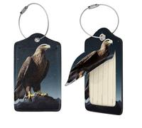 Eagle Under The Stars Luggage Tags for Suitcases, PU Leather Travel Bag Label Suitcase Tag with Stainless Steel Loop Name ID Labels with Privacy Cover Baggage Tags for Women Men, Black, 1