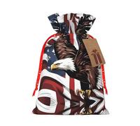 Eagle With Usa Flag Print Christmas Burlap Gift Bag With Drawstring, Present Small Favor Pouch For Birthday Parties-S Size