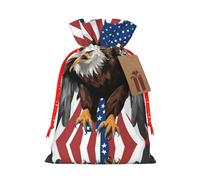 Eagle With Usa Flag Print Christmas Burlap Gift Bag With Drawstring, Present Small Favor Pouch For Birthday Parties-S Size