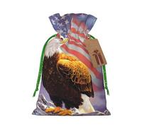 Eagle with USA Flag Printed Christmas Drawstring Bags with Green Christmas Ribbon - Reusable Burlap Drawstring Gift Pouches, S