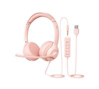 EAGLEND USB Headset with Microphone for PC, On-Ear Computer Laptop Headphones with Noise Cancelling Mic in-line Control for Home Office Online Class Zoom-Pink