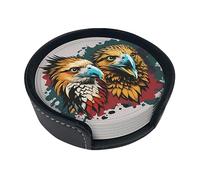 Eagles Head Pattern Print Leather Coaster Set of 6 Pieces,with Holder Round Heat-Resistant Drinks Coffee Decorative Coaster for Living Room Kitchen,4 in