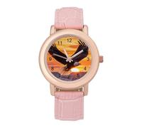 Eagles Soaring Over Ocean Sunset Watch for Women Pink Leather Strap Ladies Watches Round Case Three-Hand Wrist Watch