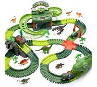 EagleStone 266 PCS Dinosaur Track Toys with Double-Level Parking Garage | Flexible Race Car Track Set with Light,4 Dino Cars,8 Dinosaurs,Birthday Christmas Gift for Boys Girls Ages 3-12