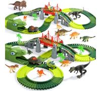 EagleStone Dinosaur Race Track Toy Set for Kids, 225PCS Flexible Track with Electric Light-Up Dino Car, 8 Dinosaur Figures & Dino Head Tunnel, Birthday for Boys and Girls Ages 3-8