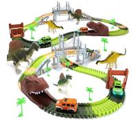 EagleStone Dinosaur Track Adventure Set, 194PCS Buildable Train Tracks with 2 Light-Up Cars, Dino Bridge, Tunnels & 2 Realistic Dinosaurs, STEM Toy Gift for Kids Boys Girls