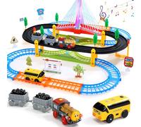 EagleStone Electric Train Set for Kids Ages 3-8, 2-in-1 Train and Bus Track Toy with Double Layer Tracks, Lights Up Bridge, Signs & Accessories, Railway Train Track Playset Gift for Boys and Girls