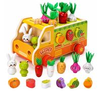 EagleStone Montessori Wooden Farm Truck Toy, 4-in-1 Sorting & Harvest Game | with Fruit Blocks, Vegetables, Rabbit & Frog Figures, Matching & Pretend Play,Christmas Birthday Gift for Boys Girls Ages 1-3