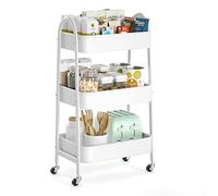EAGMAK 3 Tier Metal Storage Trolley, Utility Rolling Cart with Handle and Lockable Wheels, Multifunctional Storage Organizer Trolley with Mesh Baskets for Kitchen, Living Room, Office, Garage (White)