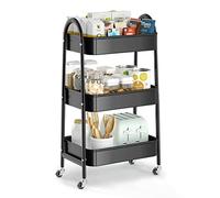 EAGMAK 3 Tier Metal Storage Trolley, Utility Rolling Cart with Handle and Lockable Wheels, Multifunctional Storage Organizer Trolley with Mesh Baskets for Kitchen, Living Room, Office, Garage (Black)