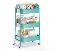 EAGMAK 3 Tier Utility Rolling Cart, Metal Storage Cart with Handle and Lockable Wheels, Multifunctional Storage Organizer Trolley with Mesh Baskets for Kitchen, Living Room, Office, Garage (Turquoise)