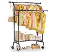 EAGMAK Double Clothes Rail on Wheels Load 120 KG, with Storage Shelf, Black | Dual hanging rail, 3-inch rolling casters & storage shelf, Freestanding metal rail for bedroom office store and living room