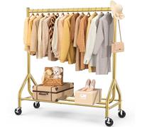 EAGMAK Heavy Duty Clothes Rail Load 180 KG, Rolling Garment Rail with Lockable Wheels, Standing Metal Clothing Rack, Portable Rack Sturdy Coat Hanging Rail for Hanging Clothes (Gold, 120×48×160 cm)