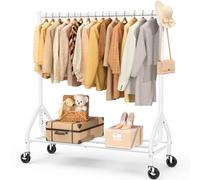 EAGMAK Heavy Duty Clothes Rail Load 180 KG, Rolling Garment Rail with Lockable Wheels, Standing Metal Clothing Rack, Portable Rack Sturdy Coat Hanging Rail for Hanging Clothes (White, 120×48×160 cm)