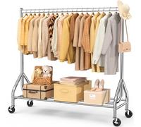 EAGMAK Heavy Duty Clothes Rail Load 180 KG, Rolling Garment Rail with Lockable Wheels, Standing Metal Clothing Rack, Portable Rack Sturdy Coat Hanging Rail for Hanging Clothes (Silver, 150×48×160 cm)