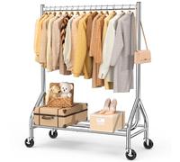 EAGMAK Heavy Duty Clothes Rail Load 180 KG, Rolling Garment Rail with Lockable Wheels, Standing Metal Clothing Rack, Portable Wardrobe Rack Sturdy Coat Hanging Rail for Hanging Clothes (Silver)