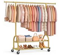 EAGMAK Heavy Duty Clothes Rail Load 252 KG, Rolling clothing Rail with Sturdy Wheels and 2 Shelves, Height Adjustable Metal Coat Racks, Portable Garment Wardrobe Organizer for Hanging Clothes, Gold