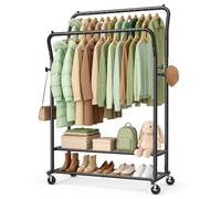 EAGMAK Heavy Duty Clothes Rail Load 378 kg, Double Rods Clothing Rails on Wheels, Height Adjustable Hanging Rack with Shelves & Coat Hooks, Portable Metal Standing Wardrobe for Bedroom Laundry, Black
