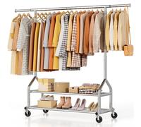 EAGMAK Heavy Duty Rolling Clothes Rail Load 252 KG,Height Adjustable,Silver | With 2 storage shelves and big rolling wheels, 3 height adjustable, Metal rail for bedroom storage and boutique display