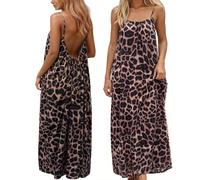 Eahusar Summer Dresses for Women Backless Spaghetti Strap Cami Solid Sundress Flowy Loose Long House Vacation Beach Dress with Back Tie(S,Leopard)