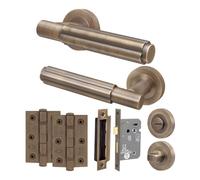 EAI Antique Brass Door Handle Bathroom Set, Internal Door Handle with 64mm Bathroom Lock and 76mm Hinges, Flora Range 1 Pack