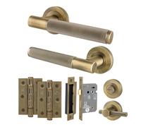 EAI Antique Brass Door Handle Bathroom Set, Internal Door Handle with 64mm Bathroom Lock and 76mm Hinges, Varri Range 1 Pack