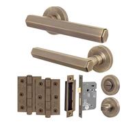 EAI Antique Brass Door Handle Bathroom Set, Internal Door Handle with 64mm Bathroom Lock and 76mm Hinges, Madre Range 1 Pack