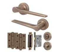 EAI Antique Brass Door Handle Bathroom Set, Internal Door Handle with 64mm Bathroom Lock and 76mm Hinges, Tarna Range 1 Pack