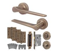 EAI Antique Brass Door Handles Fir with Bathroom Lock 80mm - Tarna | Complete Fir Bathroom Kit: 1 Pair of Door Handles, 80mm Lock, 102mm Hinges, Thumb Turn, Intumescents, Fixings Included