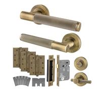 EAI Antique Brass Door Handles Fir with Bathroom Lock 80mm - Varri | Complete Fir Bathroom Kit: 1 Pair of Door Handles, 80mm Lock, 102mm Hinges, Thumb Turn, Intumescents, Fixings Included